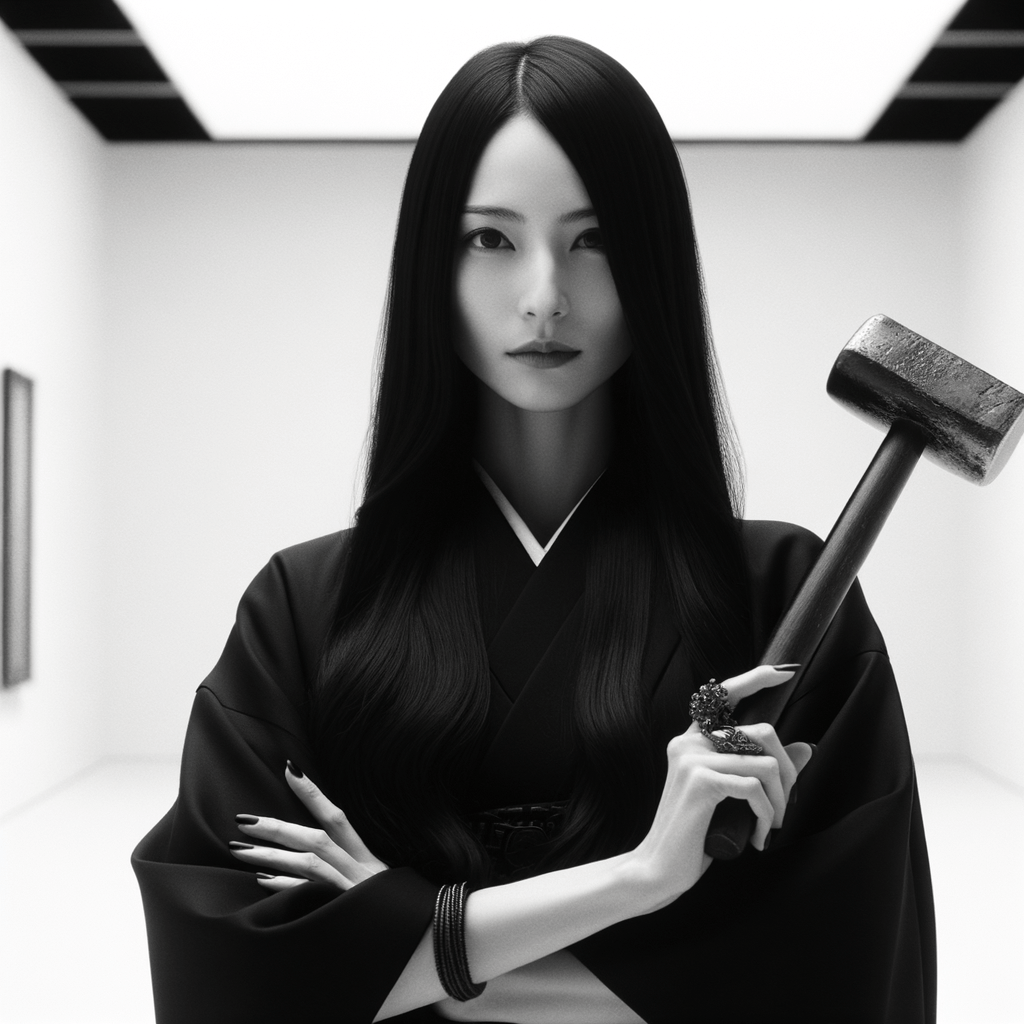 rappresenta una donna in bianco e nero giapponese di 30 anni circa, con i cappeli lunghi neri, vestita di nero, con un martello di cristallo in mano, con uno sfondo bianco di una sala museale minimale